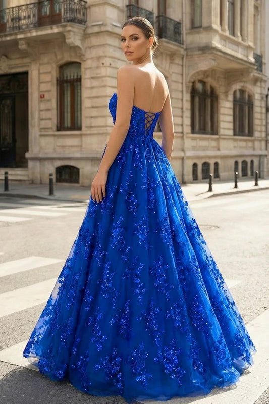 Royal Blue Strapless 3D Floral Sequin Tulle Ball Gown Lace Up Back Prom Dress