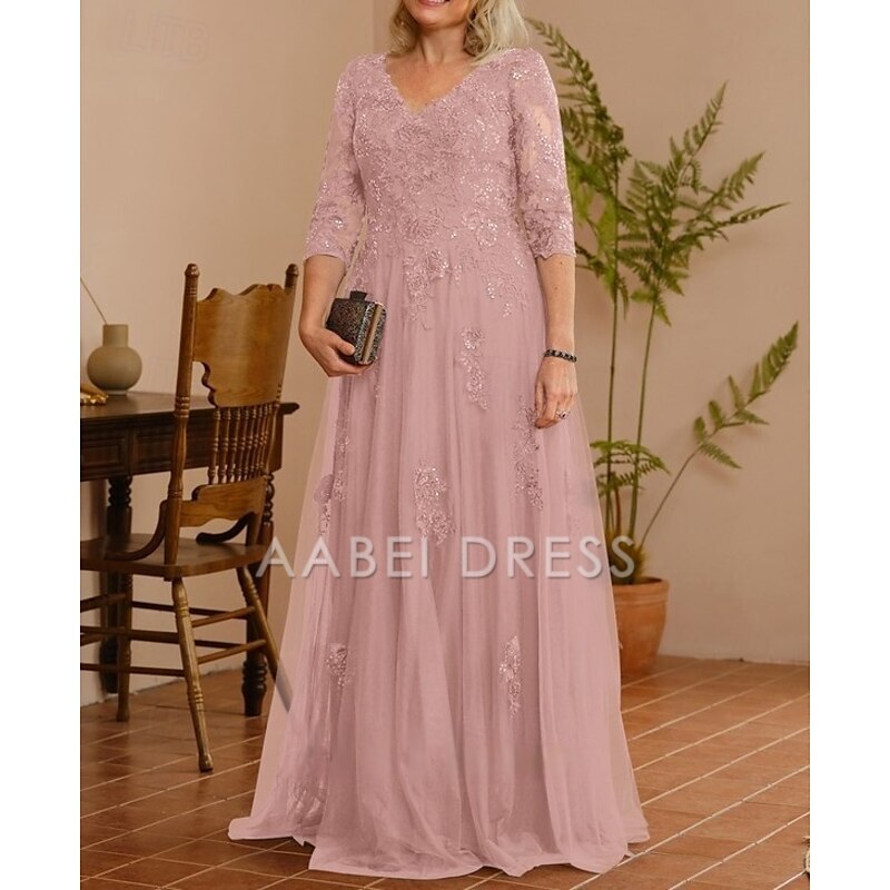 AABEI DRESS Wedding Guest Dress Elegant A-Line V Neck 3/4 Length Sleeve Floor Length Lace Applique Tulle Sparkle Mother of the Bride Dress
