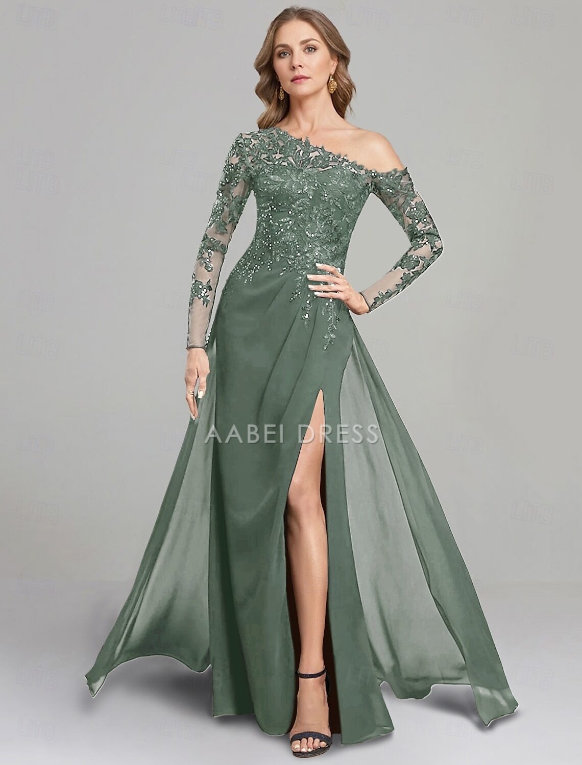 AABEI DRESS Wedding Guest Dress Elegant Sheath One Shoulder Floor Length Side Fork Chiffon Long Sleeve Lace Mother of the Bride Dress