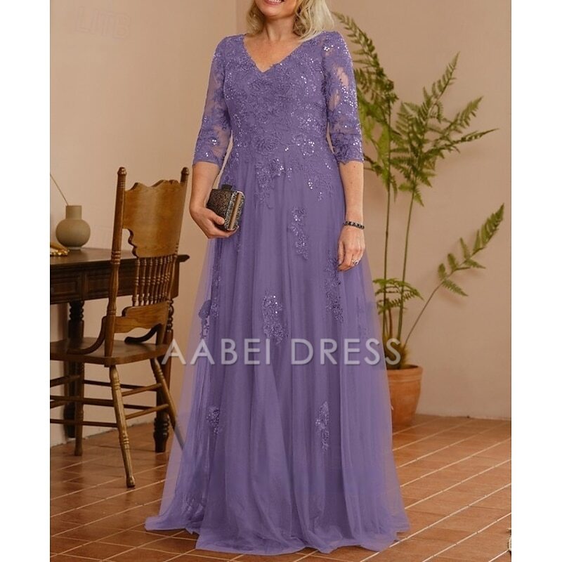 AABEI DRESS Wedding Guest Dress Elegant A-Line V Neck 3/4 Length Sleeve Floor Length Lace Applique Tulle Sparkle Mother of the Bride Dress