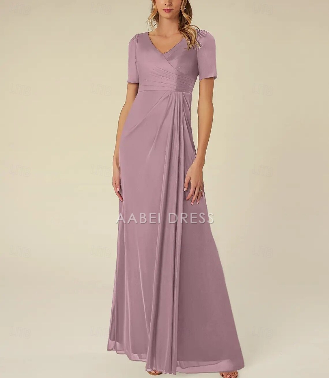 AABEI DRESS Wedding Guest Dress Elegant A-Line V Neck Short Sleeve Floor Length Pleated Simple Mother of the Bride Dress