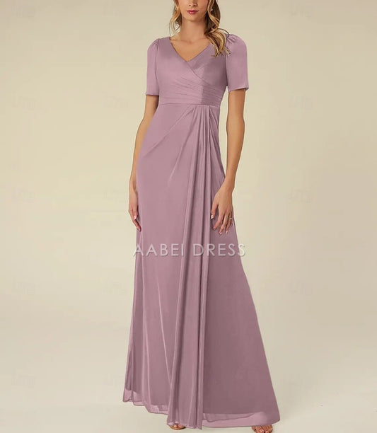 AABEI DRESS Wedding Guest Dress Elegant A-Line V Neck Short Sleeve Floor Length Pleated Simple Mother of the Bride Dress