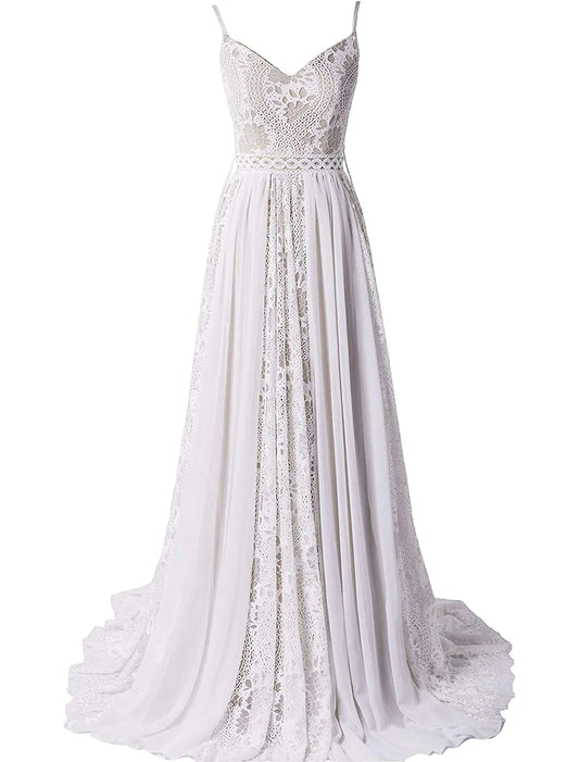 Side profile of Boho A-Line wedding dress, highlighting chiffon and tassel details.