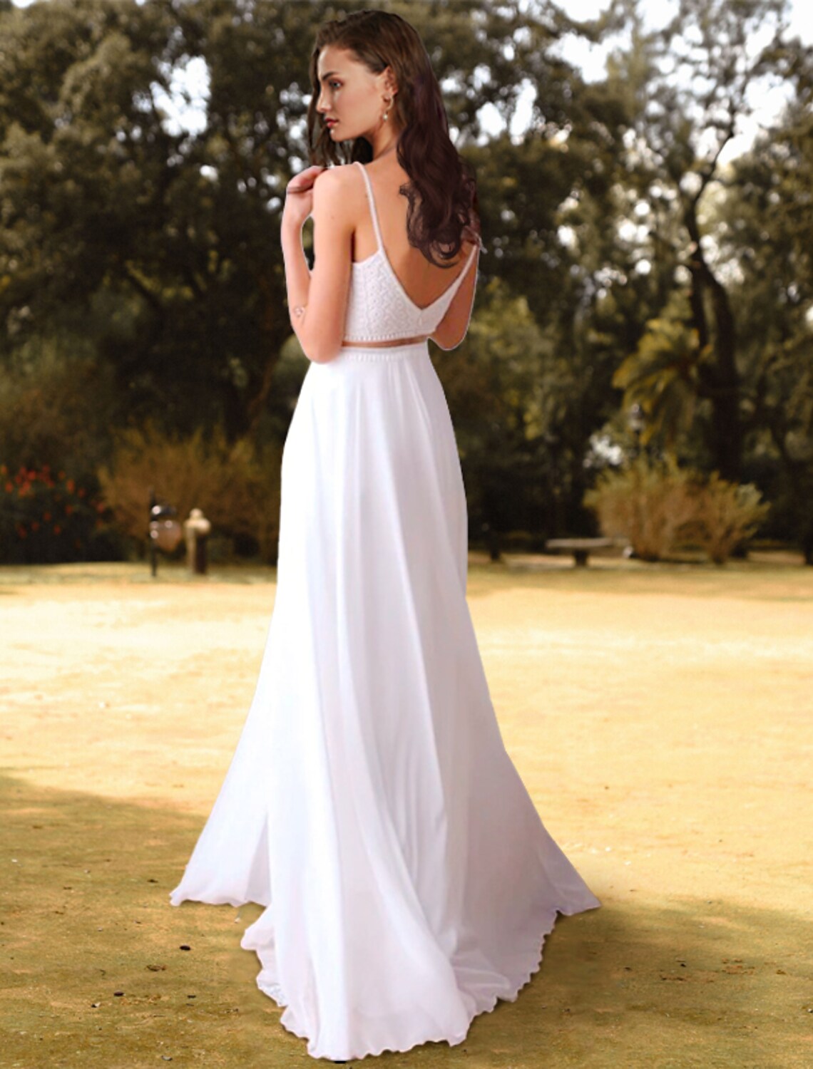 Boho A-line V-neck Spaghetti Strap Two-Piece Ivory Chiffon Wedding Dress.