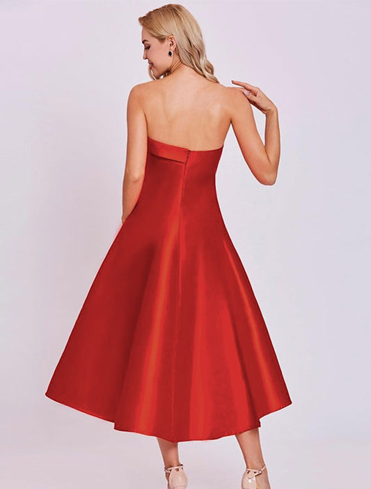 Chic A-Line Strapless Satin Minimalist Tea Length Cocktail Dress.