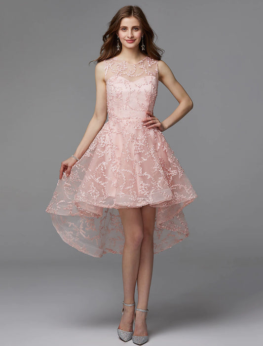 Elegant A-Line Illusion Neck Asymmetrical Tulle Applique Long Dress for Wedding Guests.