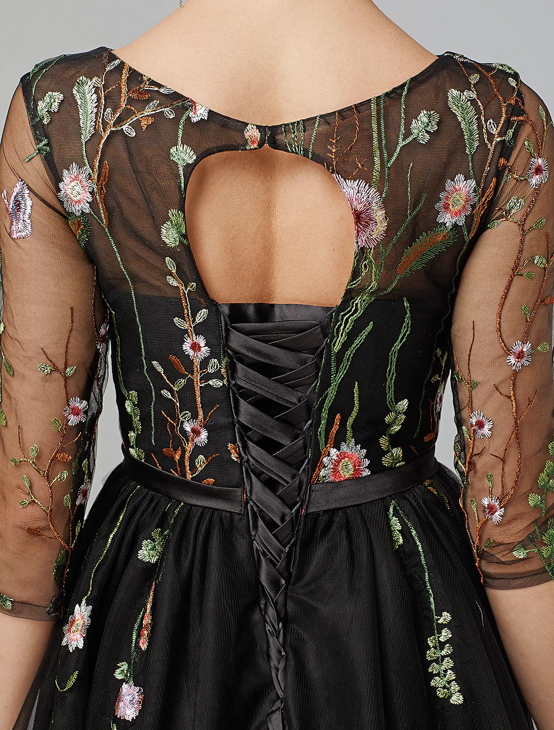 Elegant A-Line Illusion Neck Long Sleeve Black Tulle Embroidered Cocktail Dress.