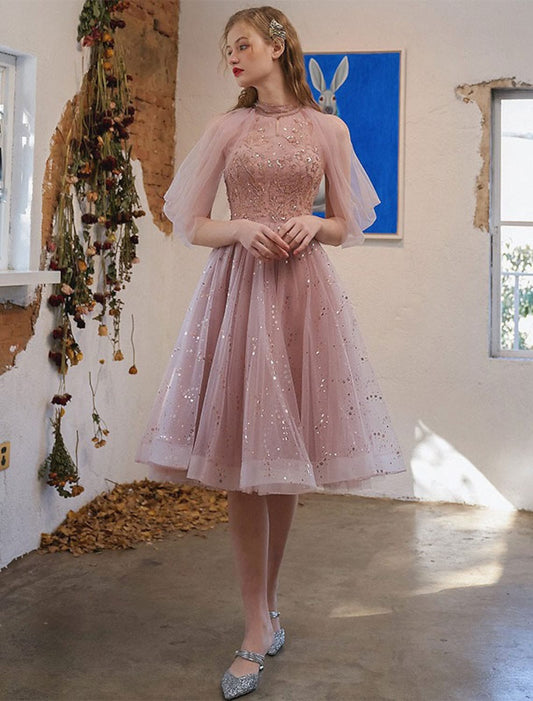 Elegant A-Line Jewel Neck 3/4 Sleeve Sequin Tulle Knee Length Cocktail Dress.