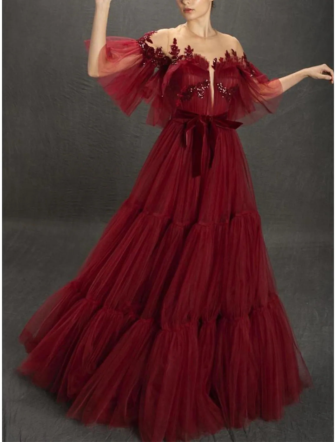 Elegant A-Line Jewel Neck Half Sleeve Beaded Tulle Floor Length Evening Dress.