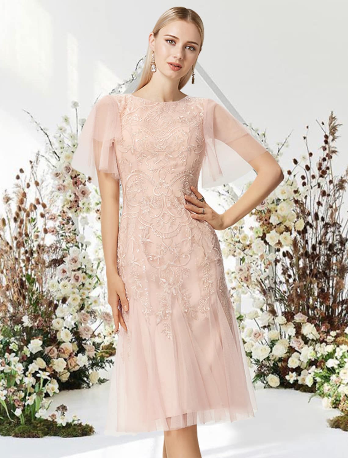 Elegant A-Line Jewel Neck Half Sleeve Lace Graduation Cocktail Dress.