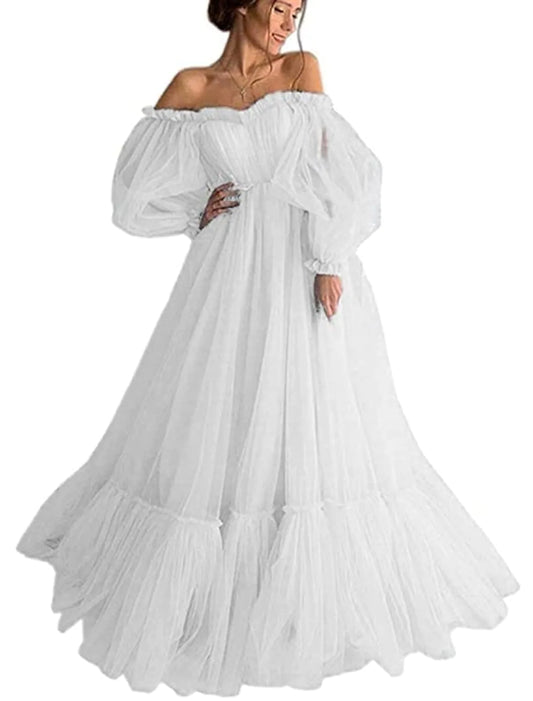 Elegant A-Line Off-Shoulder Long Sleeve Tulle Prom Dress with Appliques.