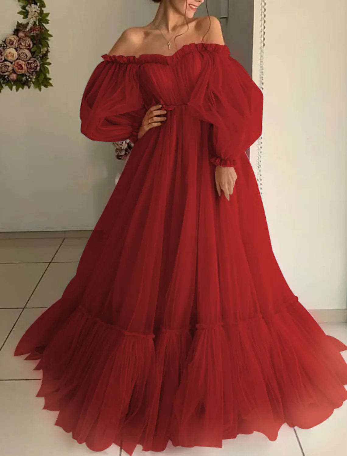 Elegant A-Line Off-Shoulder Long Sleeve Tulle Prom Dress with Appliques.