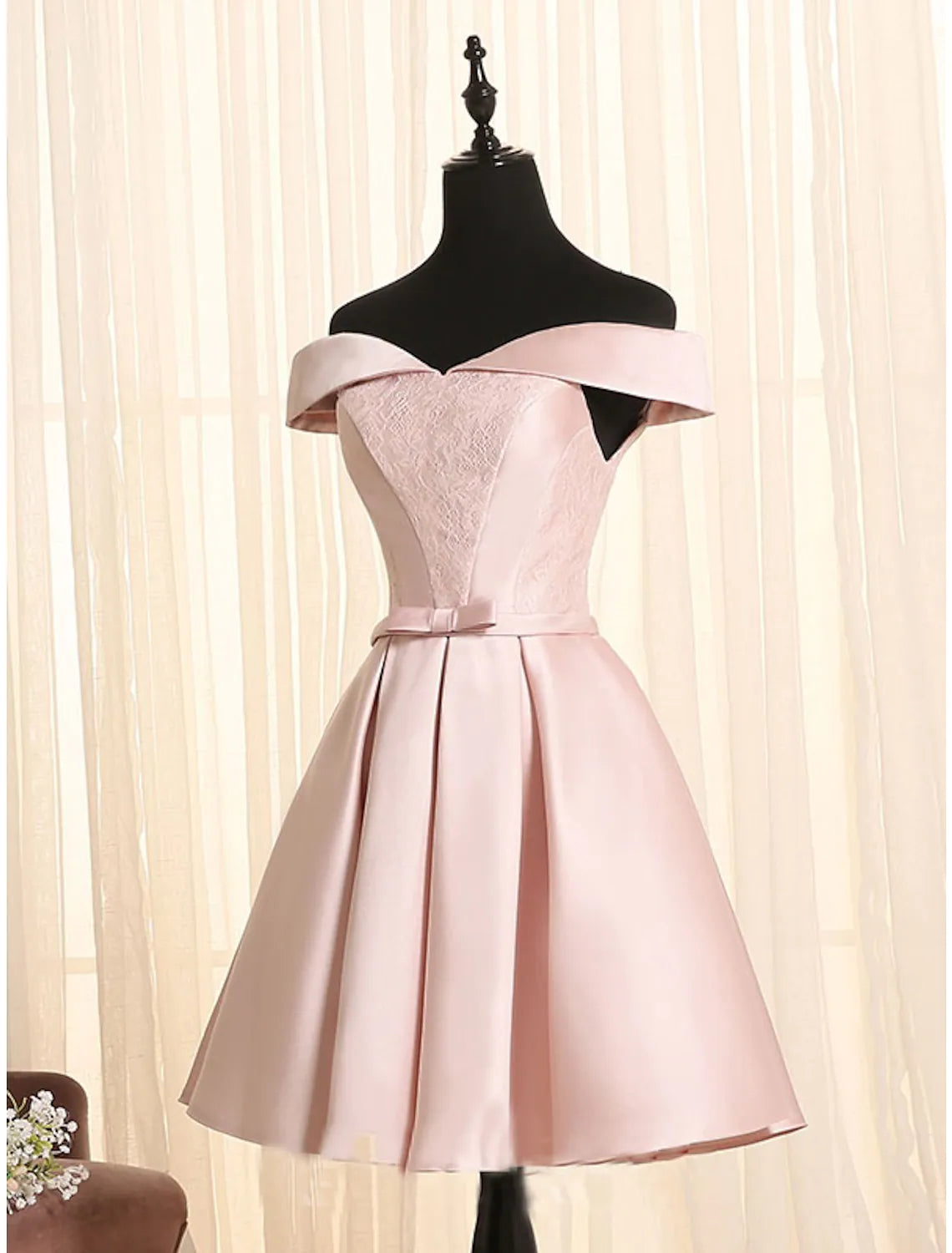 Elegant A-Line off-shoulder satin mini cocktail dress with a bow and lace insert.