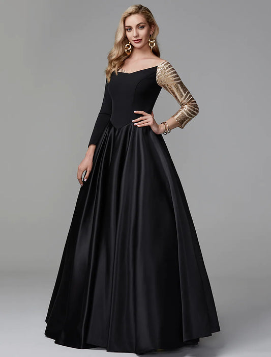 Side view of an elegant A-Line off-shoulder short sleeve glitter tulle prom dress.