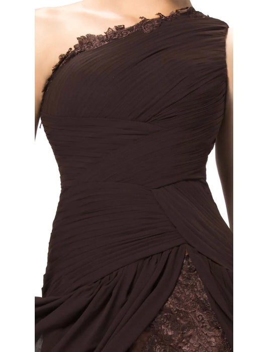Close-up of the backless and one-shoulder detail of the elegant chiffon evening dress.