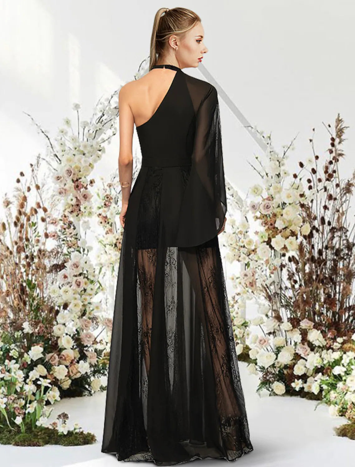 Elegant A-Line One-Shoulder Half-Sleeve Lace Pleated Floor-Length Evening Gown.