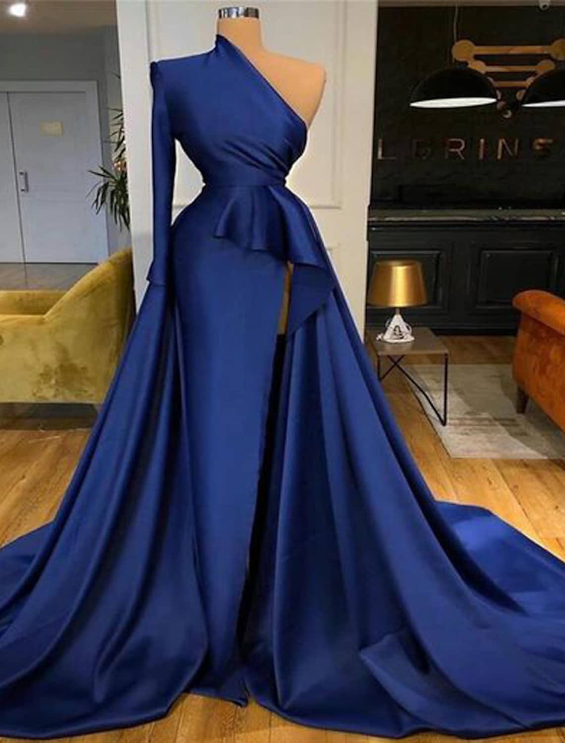 Elegant A-Line One-Shoulder Long Sleeve Peplum Satin Slit Court Train Gown.