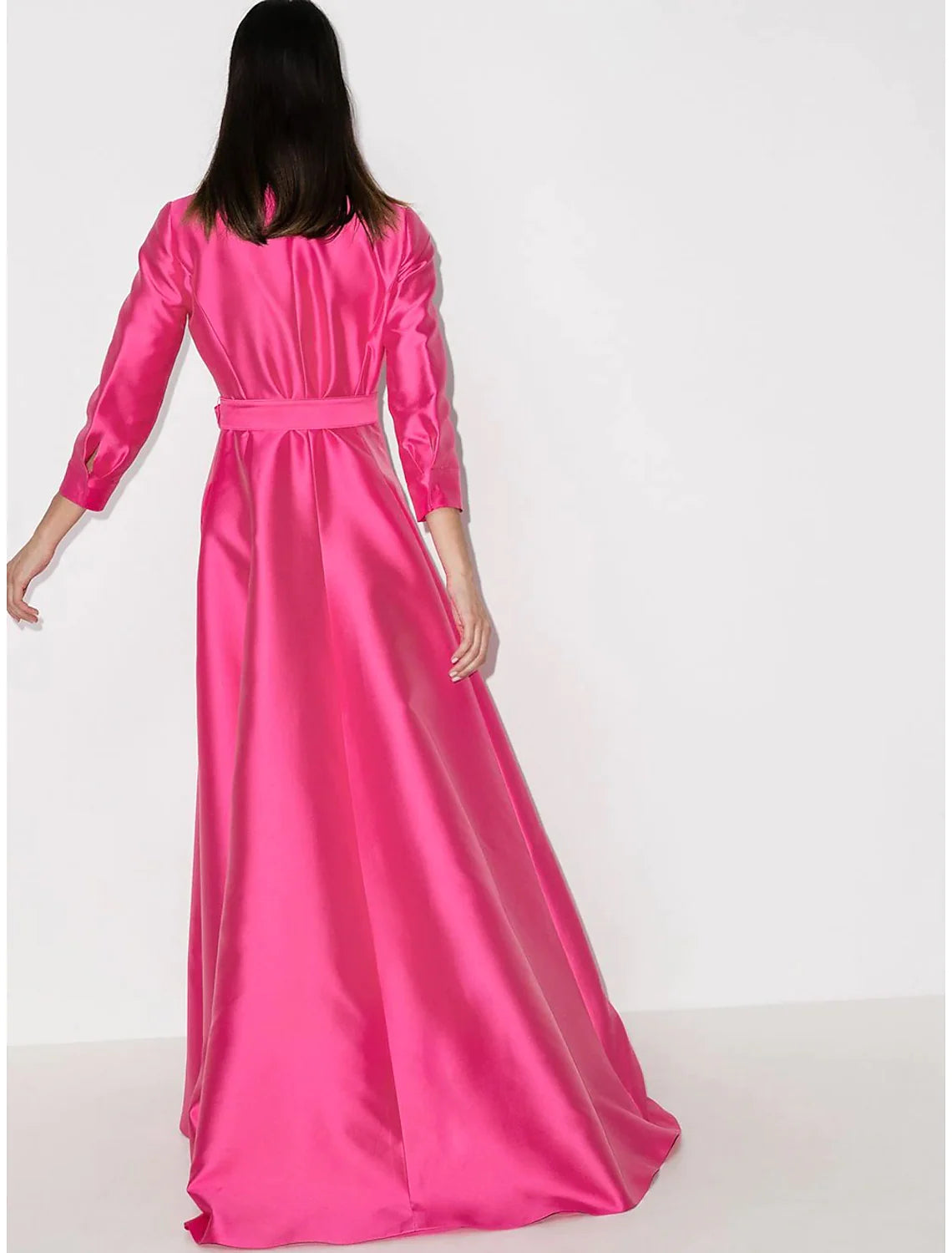 Elegant A-Line Satin Evening Dress, Shirt Collar, 3/4 Sleeves.