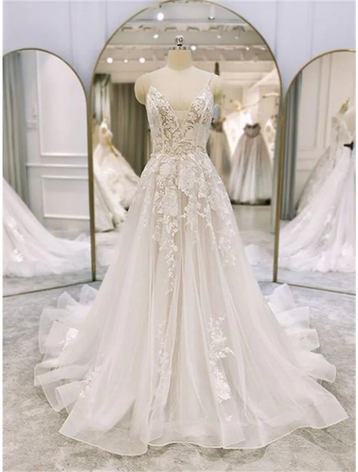Elegant A-Line Spaghetti Strap Lace Ruffled Ivory Chapel Train Wedding Dress.
