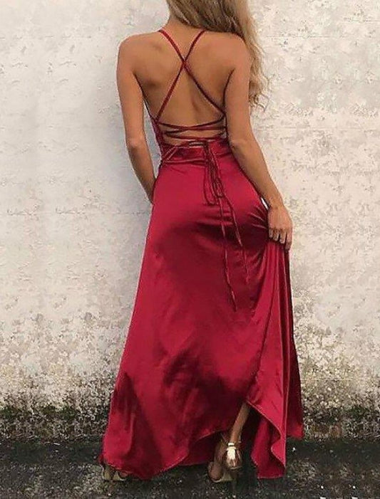 Elegant A-Line Spaghetti Strap Satin High Slit Floor Length Evening Dress.