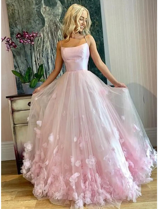 Elegant A-Line Spaghetti Strap Tulle Pleated Applique Floor Length Prom Dress.