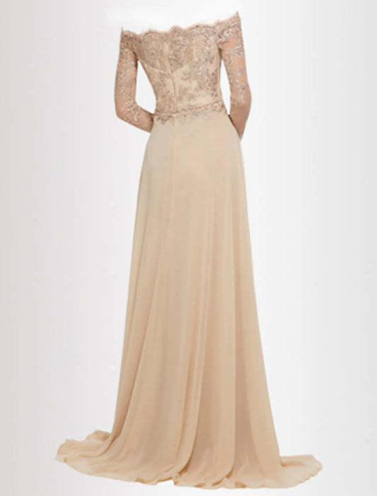Elegant A-Line Sweetheart Long Sleeve Lace Evening Dress with Overskirt Train.