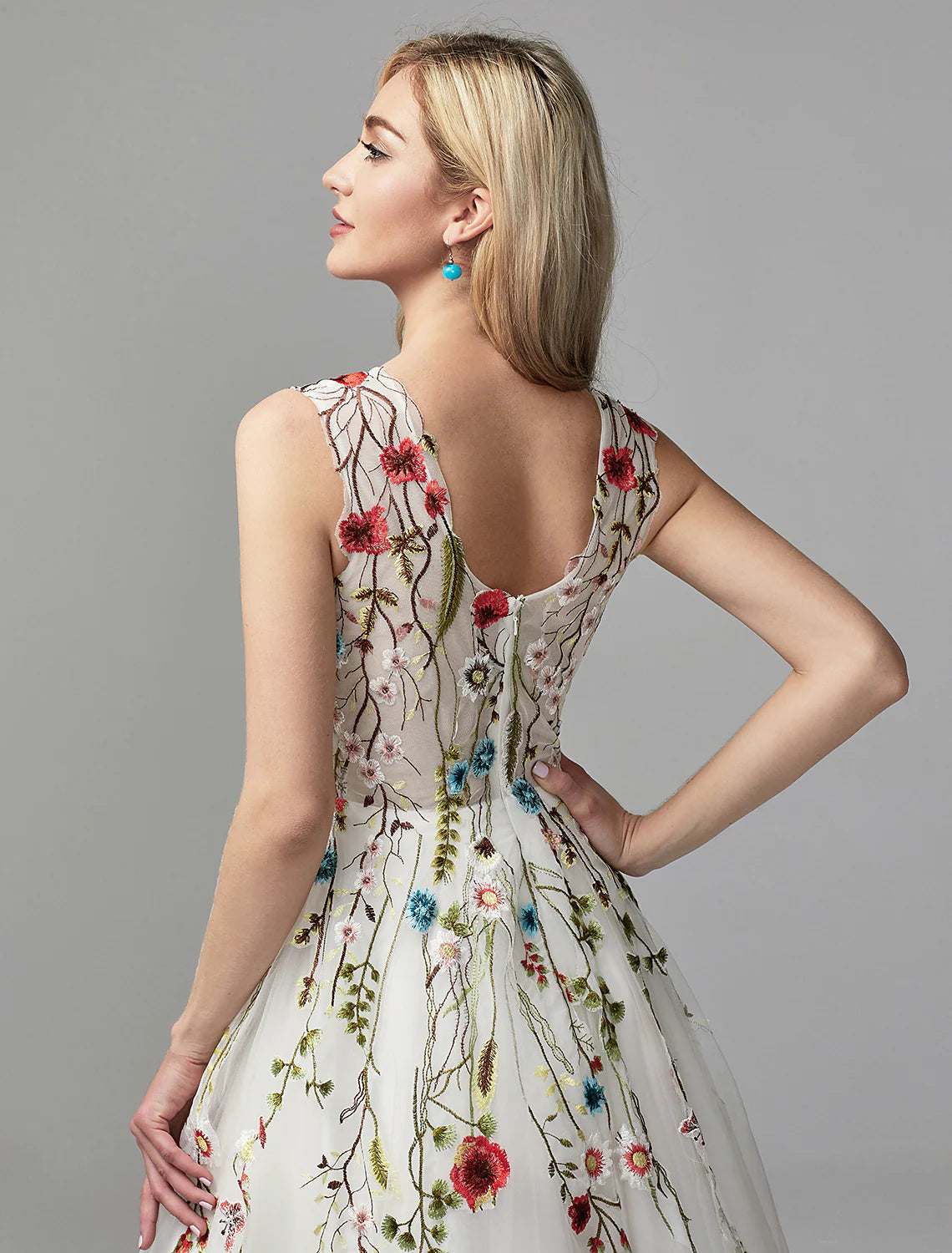 Elegant A-Line V-Neck Lace Embroidered White Floor Length Special Occasion Dress.