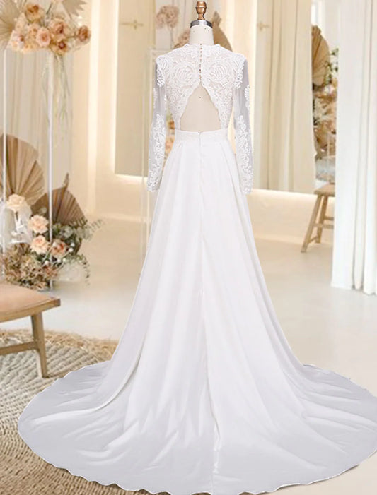 Back view of A-Line satin wedding dress, featuring open back and court train.