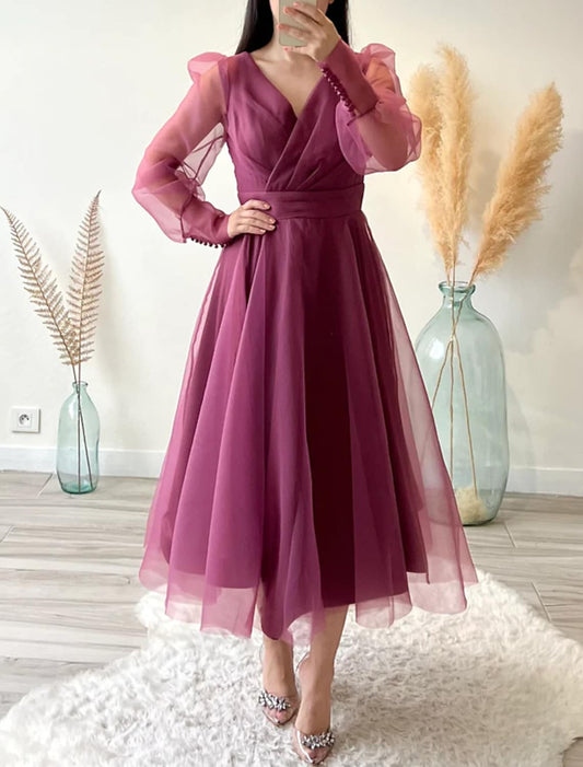 Elegant A-Line V-Neck Long Sleeve Organza Cocktail Dress with Buttons.