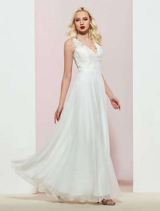 Elegant A-Line V-Neck Open Back Chiffon Applique Floor Length Evening Gown.