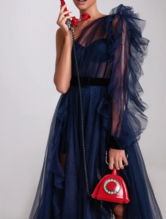 Elegant Black A-Line One Shoulder Long Sleeve Ruffle Tulle Evening Gown.