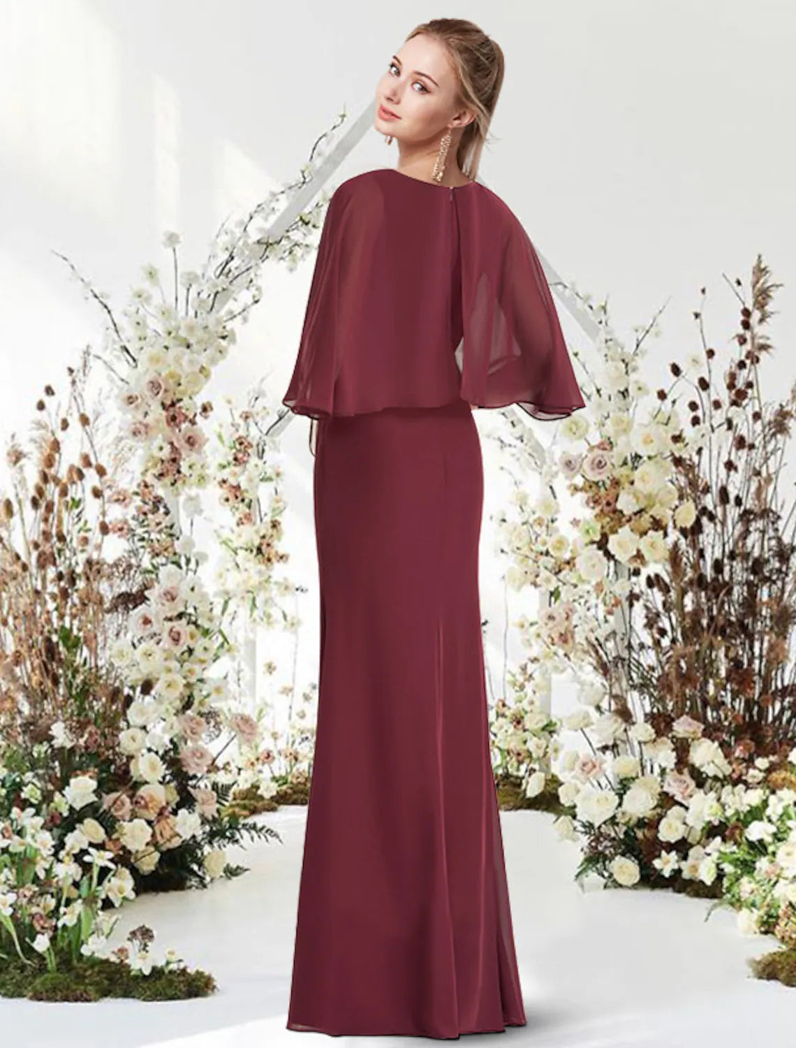 Elegant Chiffon Sheath Jewel Neck Half Sleeve Formal Evening Dress.