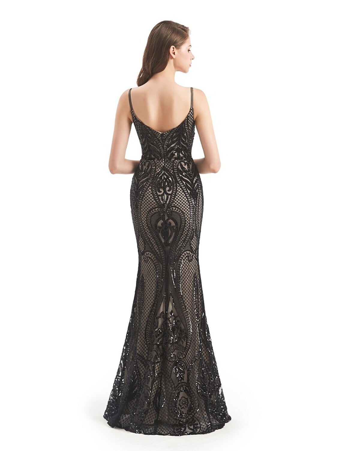 Full length view of the elegant detachable sequin mermaid trumpet evening gown.