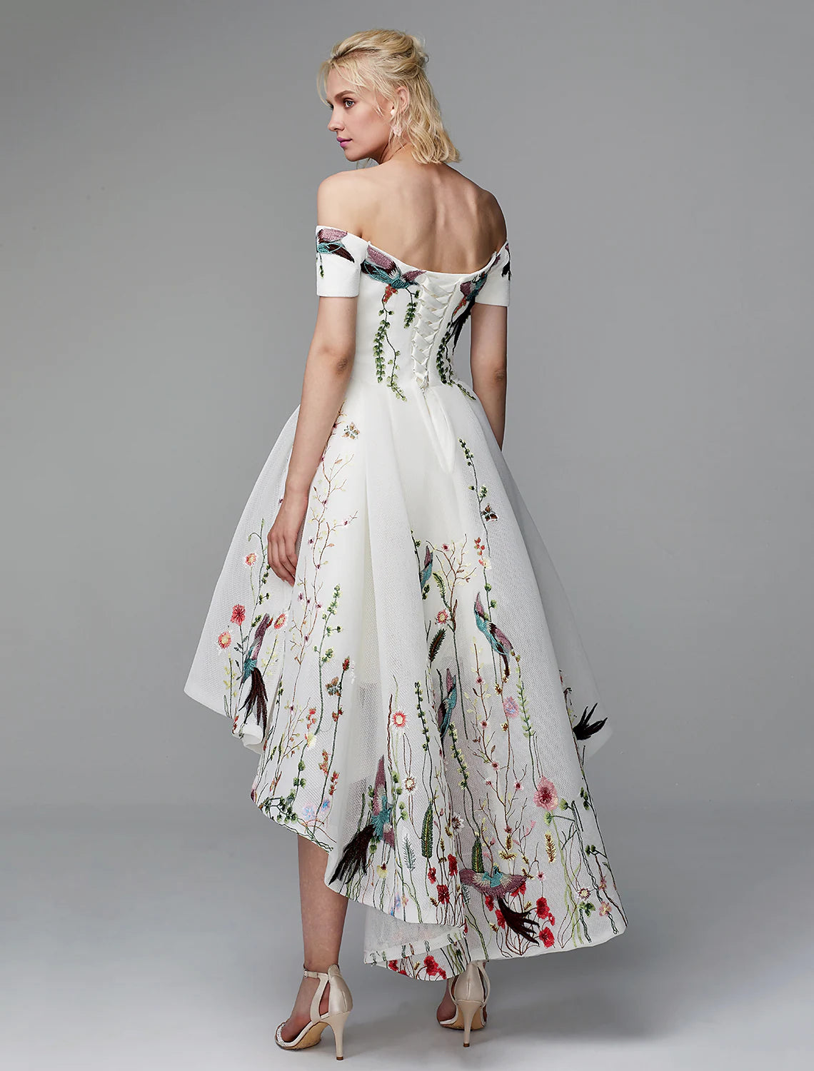 Back view of the elegant off-shoulder short sleeve maxi dress.