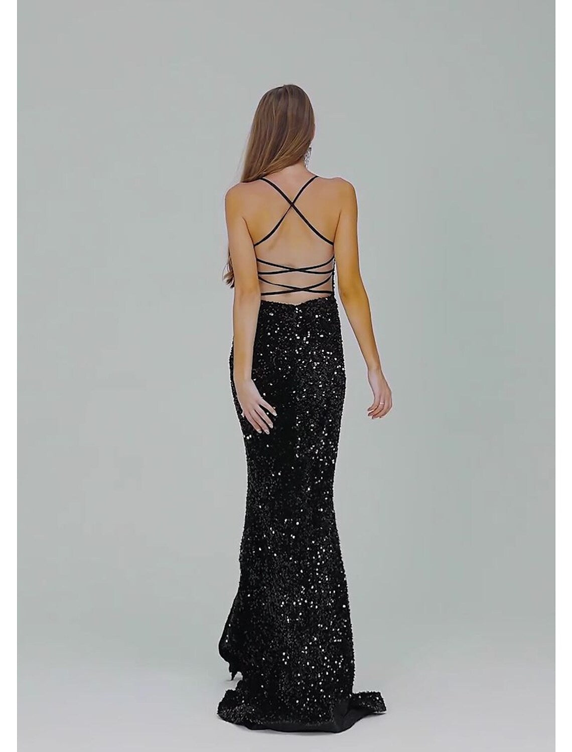 Elegant Mermaid Trumpet Gown, Spaghetti Strap, Lace Crisscross Back, Sequin Slit.