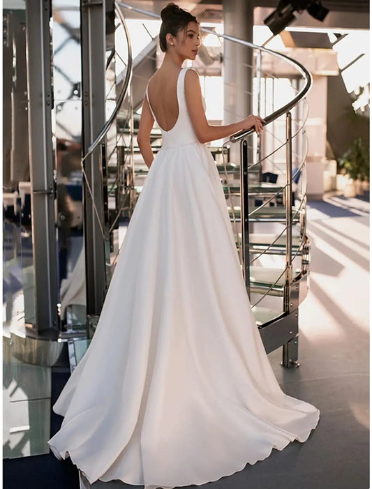 Elegant Princess Square Neck Sleeveless Beaded Satin Court Train Wedding Gown.