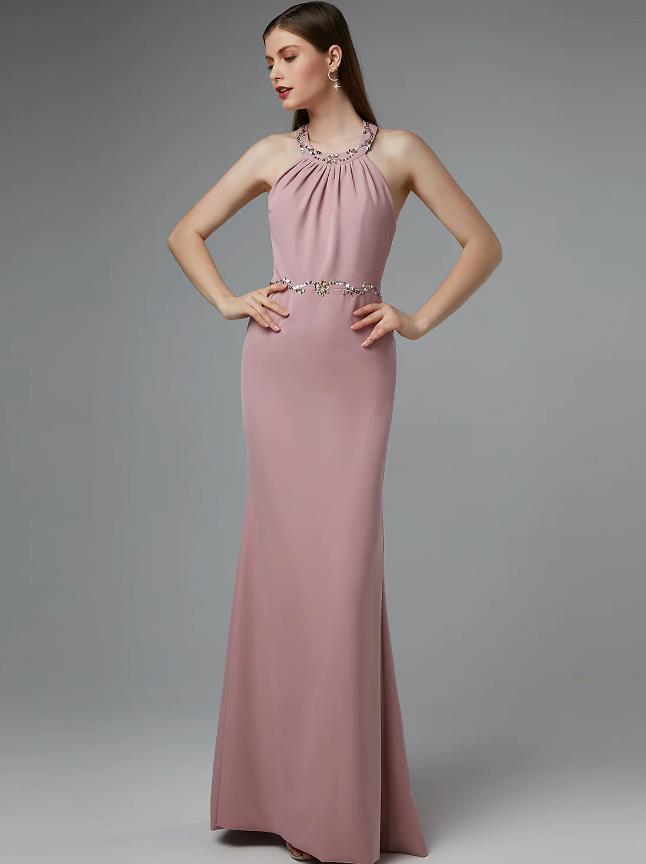 Elegant Sheath Column Halter Beaded Crisscross Back Navy Floor Length Guest Dress.