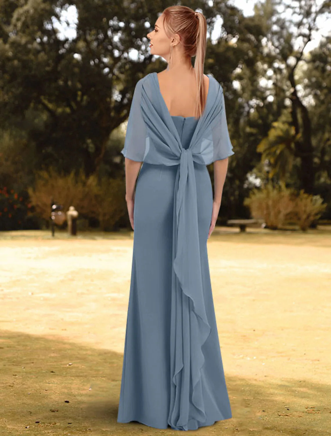 Elegant Sheath Column Jewel Neck 3/4 Sleeve Engagement Solid Floor Length Evening Gown, back view.