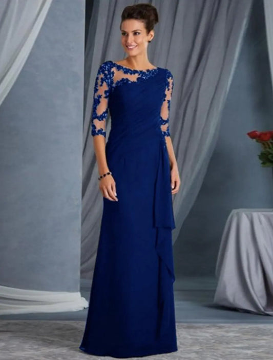 Elegant Sheath Column Jewel Neck Half Sleeve Lace Applique Floor Length Evening Gown.