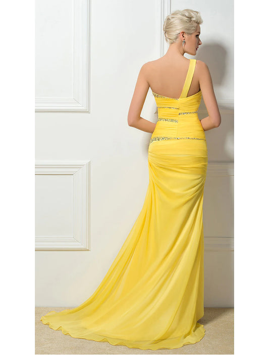 Back view of Elegant Sheath One Shoulder Backless Ruched Sequin Long Evening Gown.