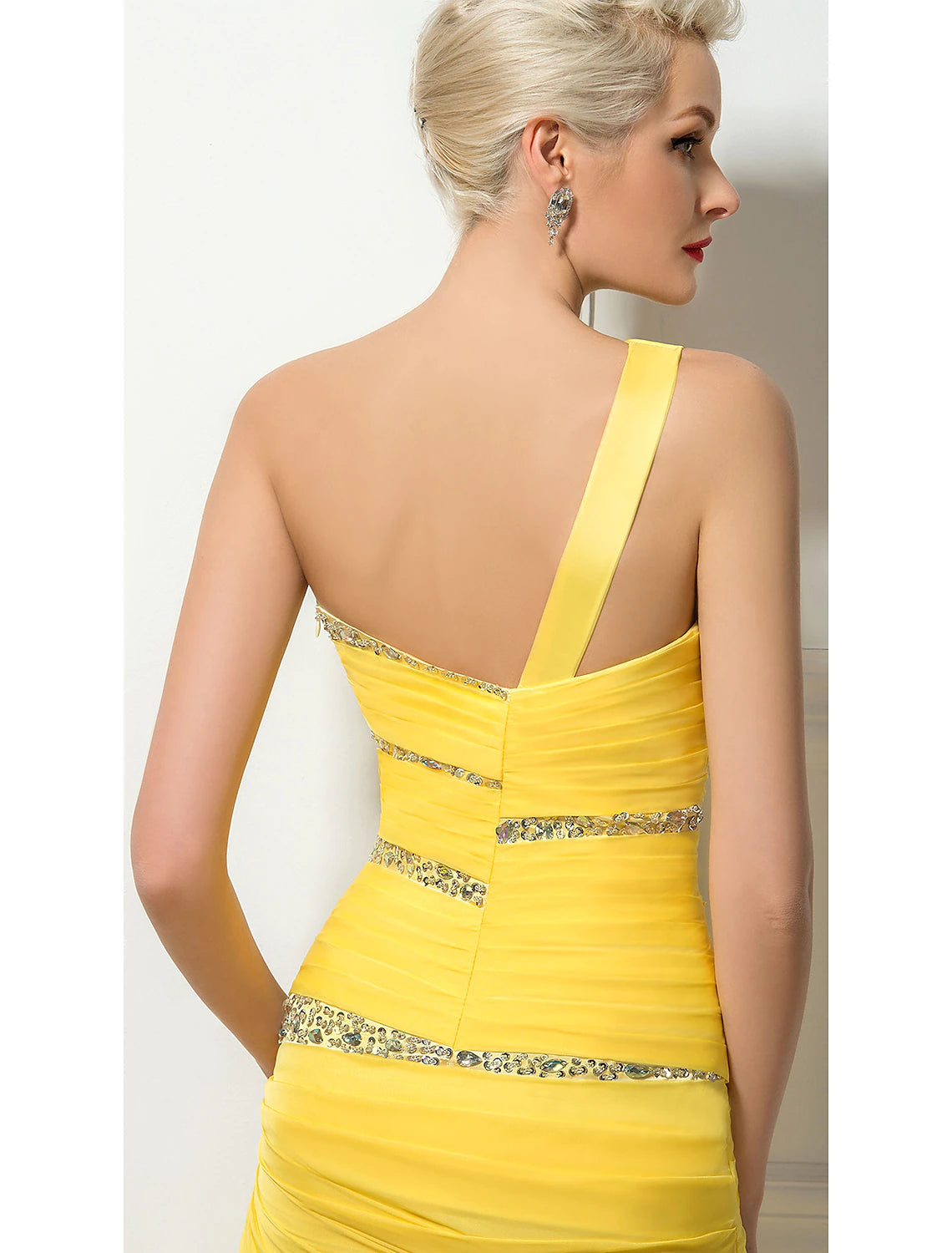 Side view of Elegant Sheath One Shoulder Backless Ruched Sequin Long Evening Gown with sweep train.