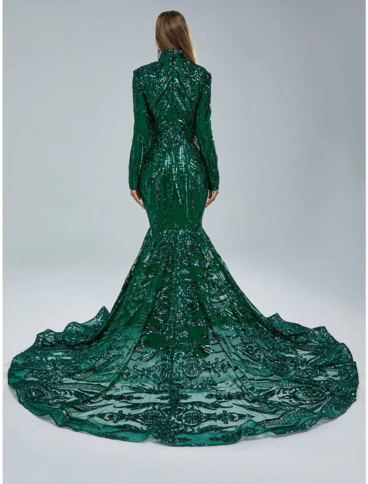 Elegant Sparkling Mermaid Evening Gown, Long Sleeve Stand Collar Lace Sequin.