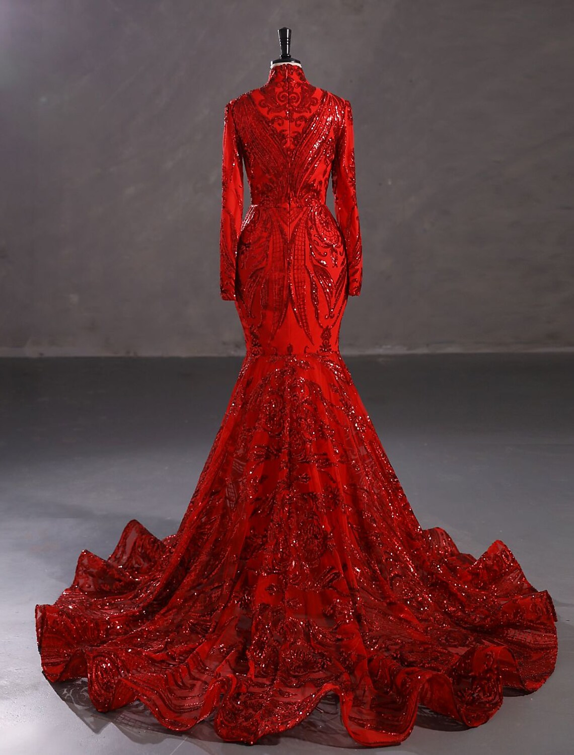 Elegant Sparkling Mermaid Evening Gown, Long Sleeve Stand Collar Lace Sequin.