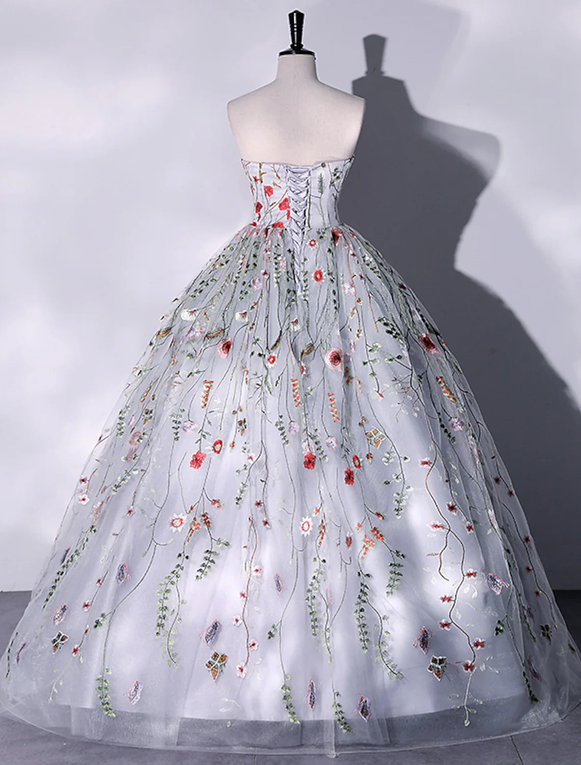 Elegant Strapless Ball Gown Lace Embroidered Slit Floor Length Quinceanera Evening Dress.
