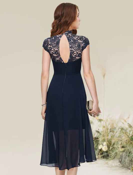 Flirty A-Line Jewel Neck Sleeveless Asymmetrical Lace Chiffon Cocktail Dress.