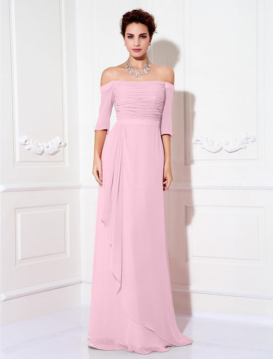 Minimalist Sheath Off-Shoulder Half Sleeve Ruched Chiffon Sweep Train Dress.