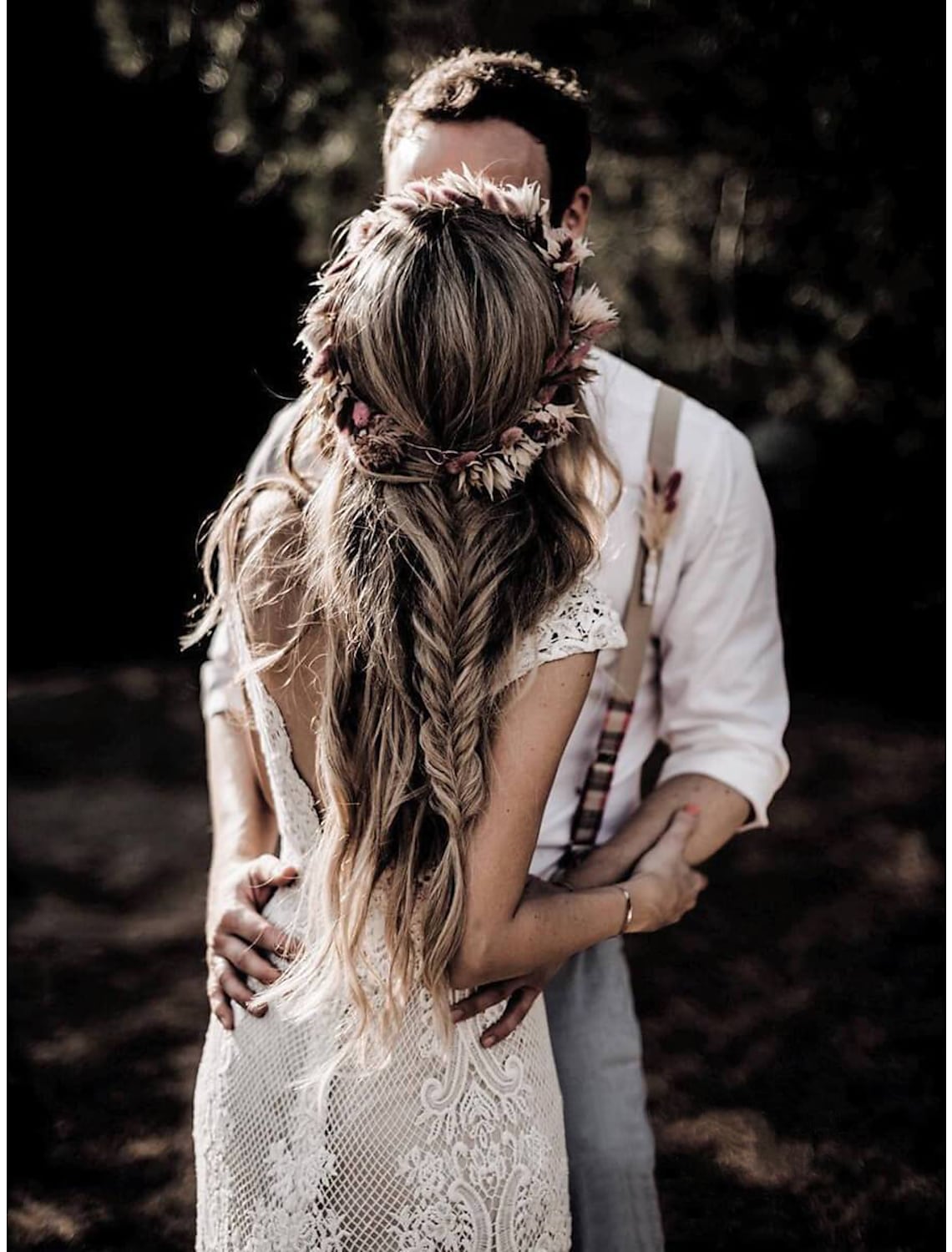 Romantic Mermaid V-Neck Beach Boho Lace Wedding Gown White Court Train.
