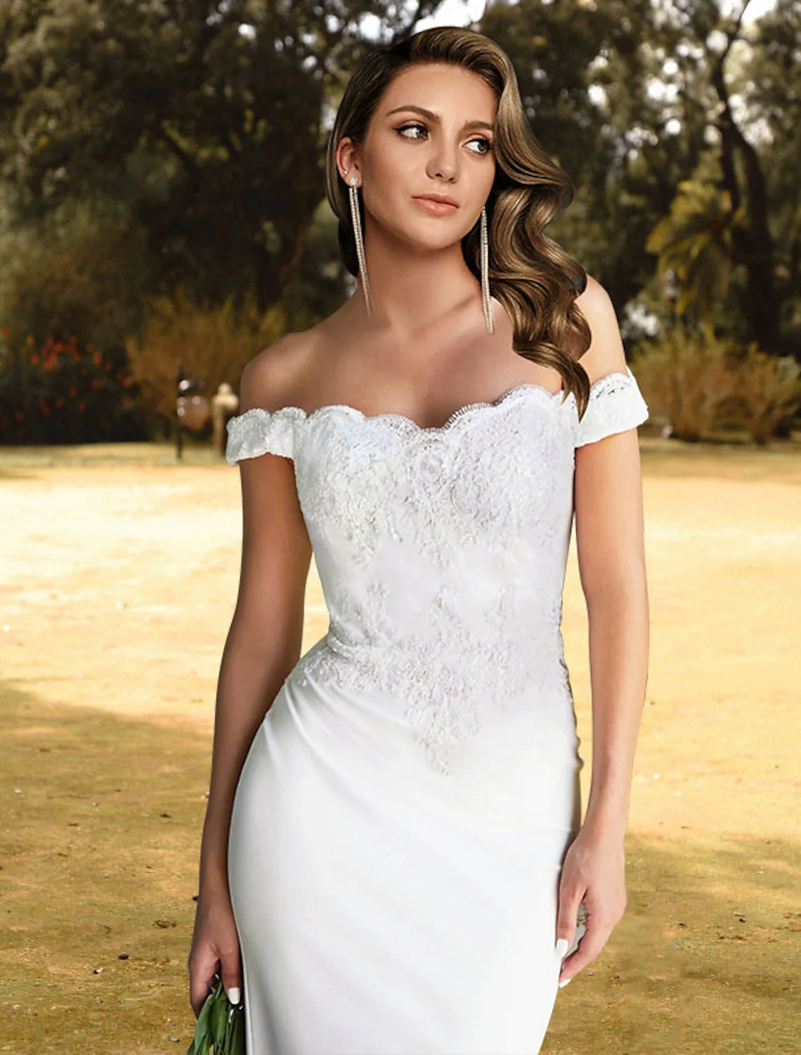 Romantic Off Shoulder Lace Ball Gown Sweep Train Beach Wedding Dress.