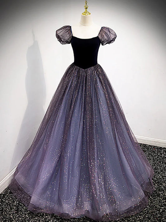 Sparkling Ball Gown Short Sleeve Square Neck Tulle Sequin Prom Dress.