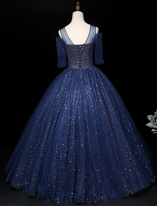 Sparkling Elegant Ball Gown Illusion Half Sleeve Sequin Quinceanera Prom Dress.